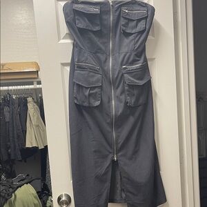 Strapless Black Midi Dress with Utility Pockets